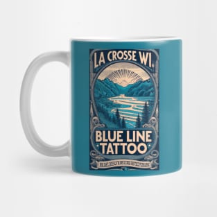 Blue Line Tattoo River Bluff Scene Vintage Stamp Label Mug